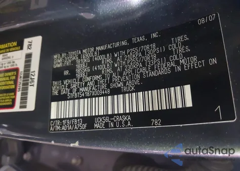 2007 Toyota Tundra Sr5 4.7L V8 из США, поврежденный, VIN 5TFBT54187X009448